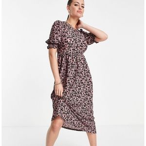 048 River Island Floral Tie Back Puff Sleeve Midi Dress